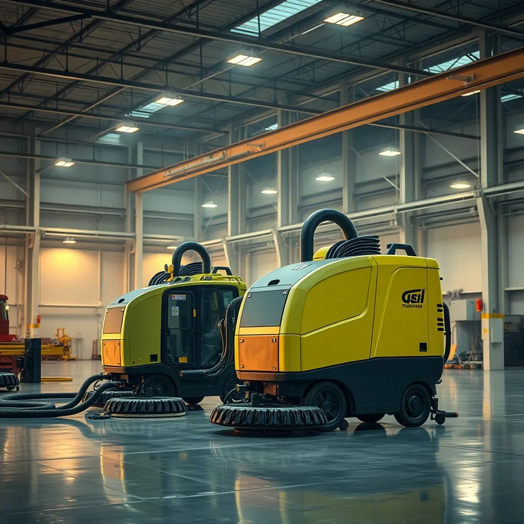 Industrial cleaning machines in a large clean warehouse, hig
