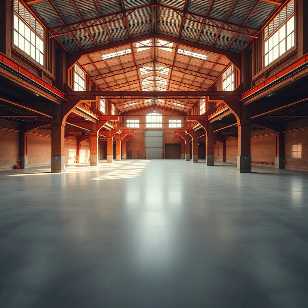 Wide shot of a clean, empty industrial warehouse in Mons, te