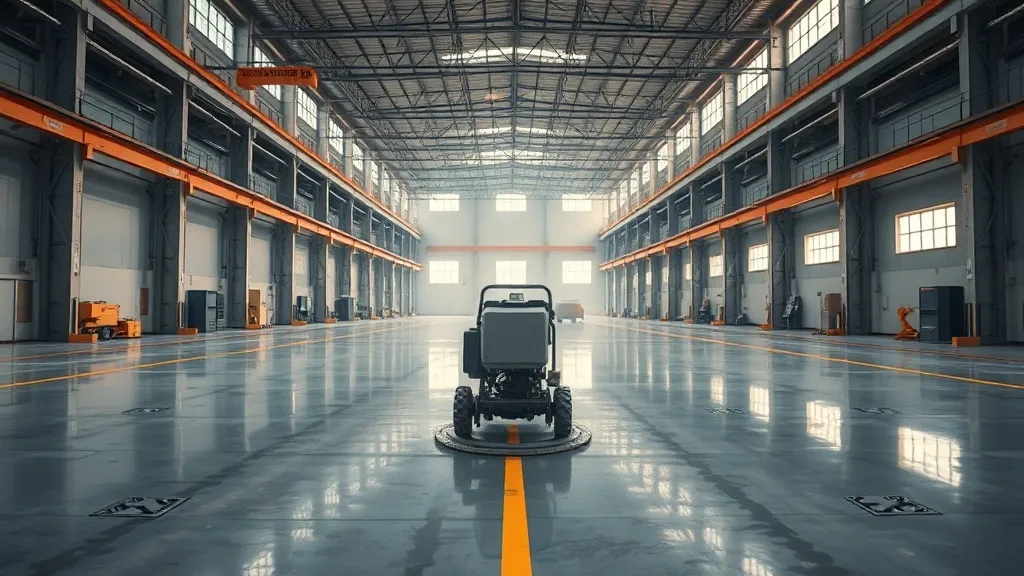 High-angle wide shot of a vast empty modern industrial wareh