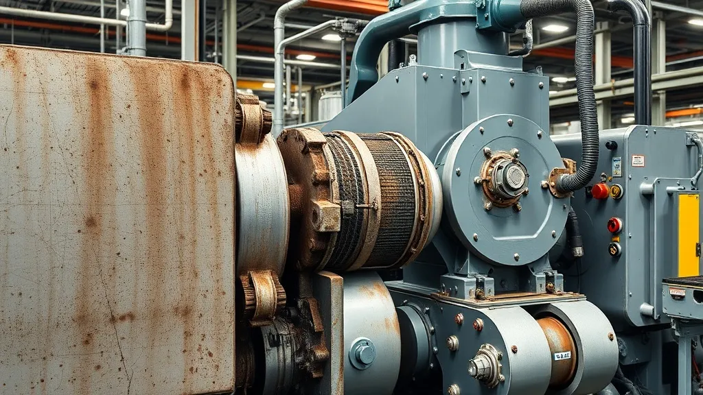 Industrial machinery in a factory, partially cleaned to show