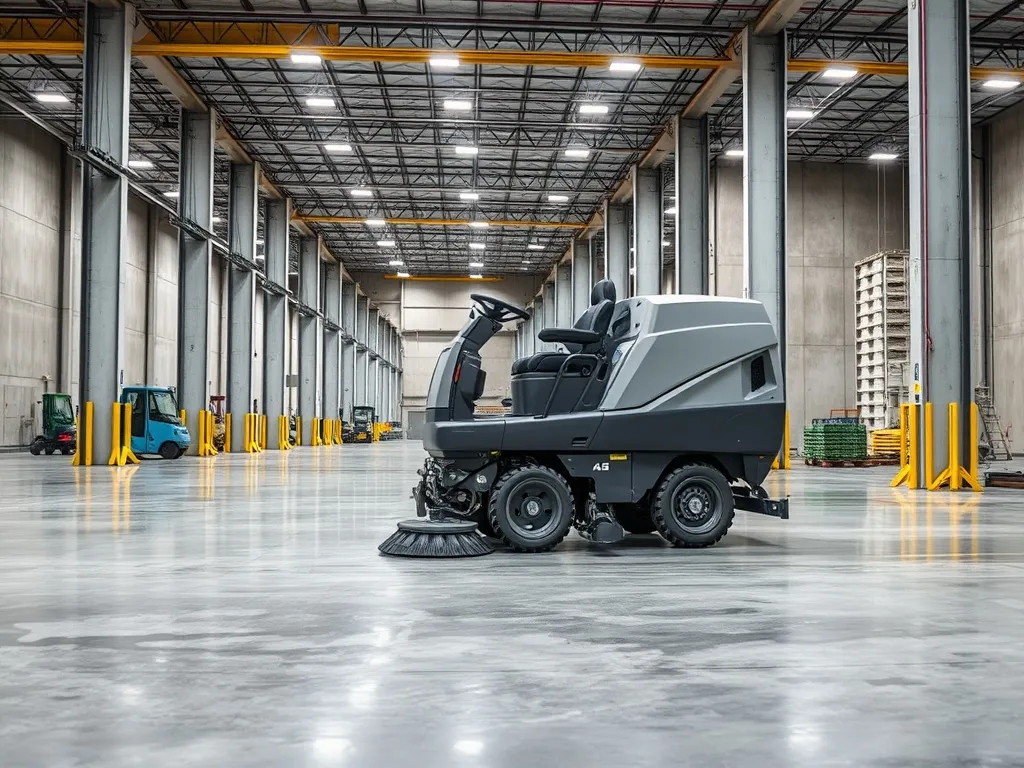 Industrial floor scrubber machine cleaning a large warehouse