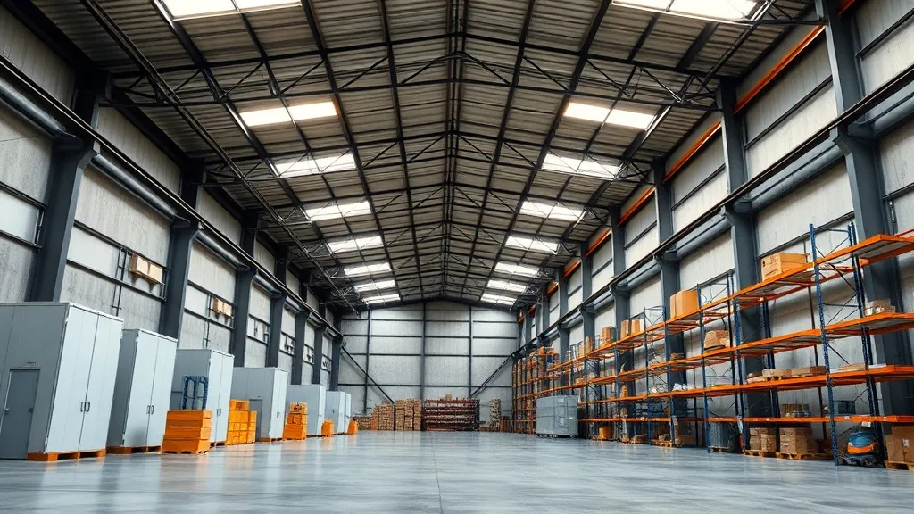 A large modern industrial warehouse with high ceilings, clea