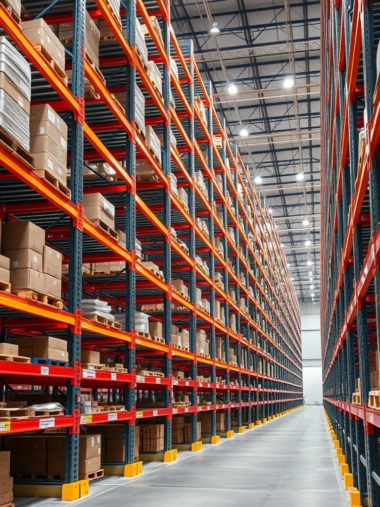 High storage racks in a warehouse, clean aisles, industrial